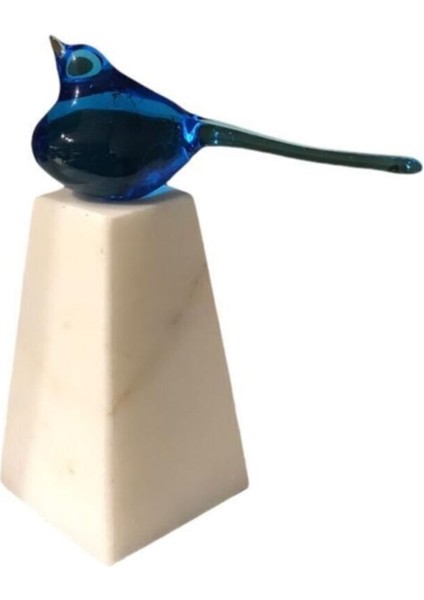 Mermer Kaildeli Küçük Boy Mavi Kuşlu Cam Obje