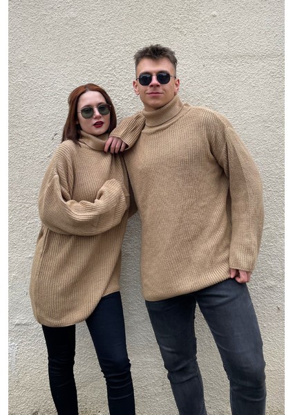 Unisex Bej Oversize Örme Kazak