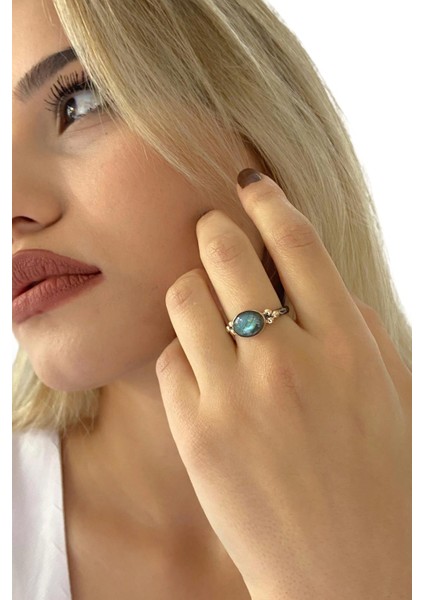Doğal Labradorit Taşlı El Üretimi 925 Gümüş Yüzük