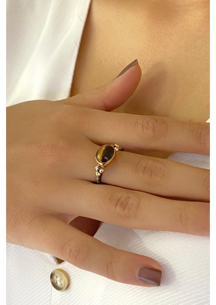 Doğal Kaplan Gözü Taş El Üretimi 925 Gümüş Yüzük