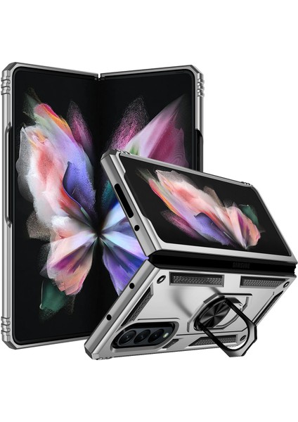 Samsung Galaxy Z Fold 3 Kılıf Metal Yüzüklü Silikon Kapak Tam Uyumlu Standlı Ultra Üstün Koruma