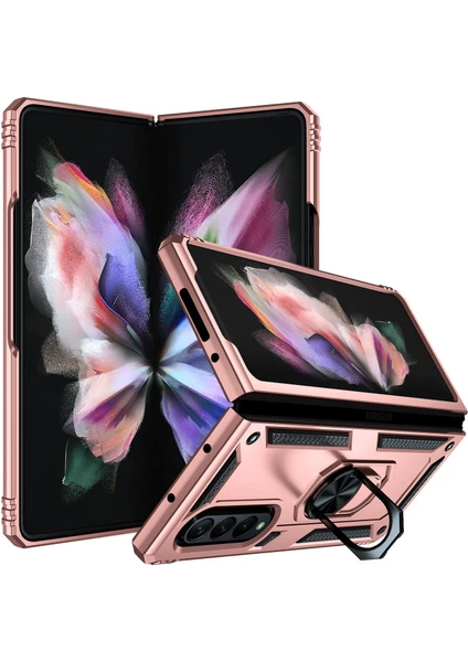 Samsung Galaxy Z Fold 3 Kılıf Metal Yüzüklü Silikon Kapak Tam Uyumlu Standlı Ultra Üstün Koruma