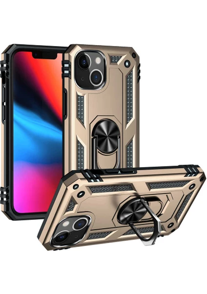 Caseart Apple iPhone 13 Kapak Military Yüzüklü Stantlı Panzer Tank Kılıf - Gold