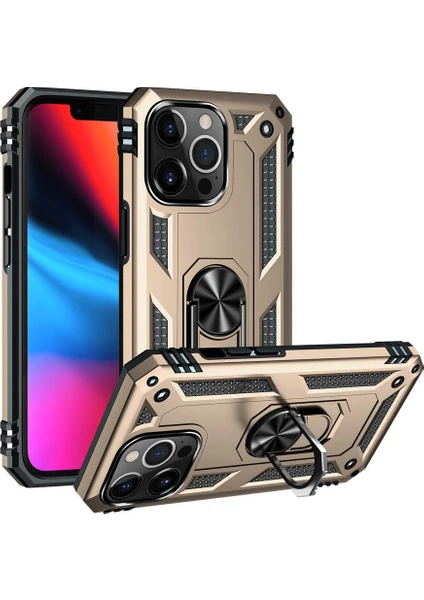 Caseart Apple iPhone 13 Pro Kapak Military Yüzüklü Stantlı Panzer Tank Kılıf - Gold