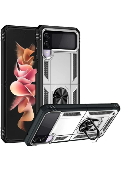 Caseart Samsung Galaxy Z Flip 3 Kapak Military Yüzüklü Stantlı Panzer Tank Kılıf - Gri