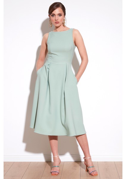 Bisiklet Yaka Cepli Pileli Midi Elbise Bayan Elbise 6051963