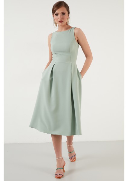 Bisiklet Yaka Cepli Pileli Midi Elbise Bayan Elbise 6051963 modelleri