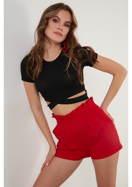 Fitilli Bel Detaylı Kısa Kollu Dar Kesim Crop Bluz Bayan Bluz 5864211