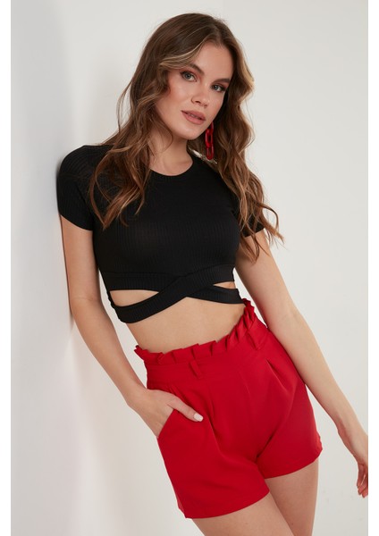 Fitilli Bel Detaylı Kısa Kollu Dar Kesim Crop Bluz Bayan Bluz 5864211
