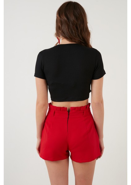 Fitilli Bel Detaylı Kısa Kollu Dar Kesim Crop Bluz Bayan Bluz 5864211