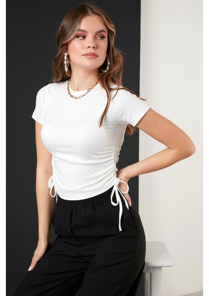 Yanlardan Büzgülü Kısa Kollu Crop Bluz Bayan Bluz 5864010