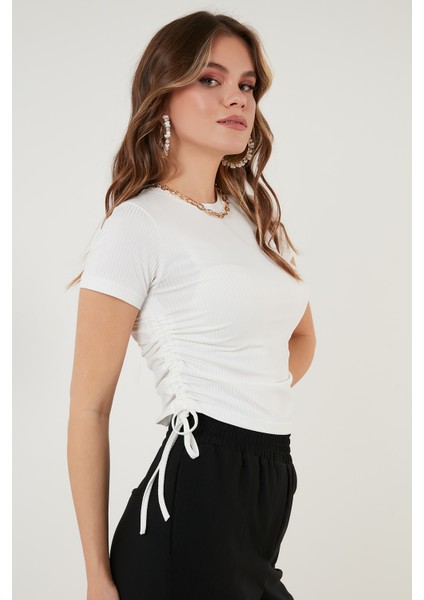 Yanlardan Büzgülü Kısa Kollu Crop Bluz Bayan Bluz 5864010