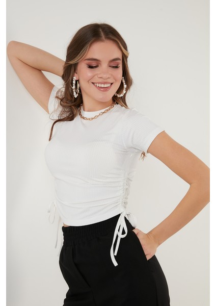 Yanlardan Büzgülü Kısa Kollu Crop Bluz Bayan Bluz 5864010