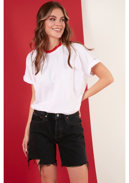 Oversize Pamuk Bisiklet Yaka Basic T Shirt Bayan T Shirt 5864489