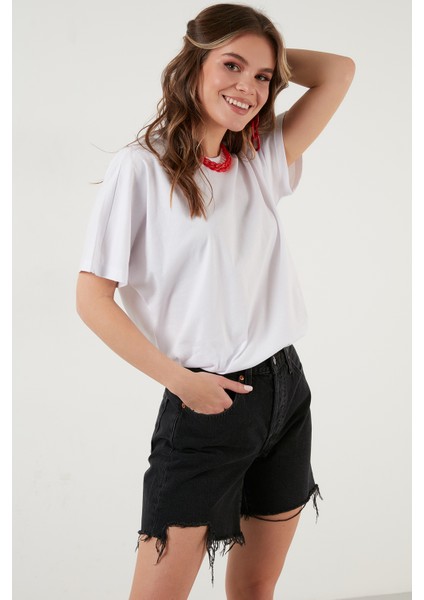 Oversize Pamuk Bisiklet Yaka Basic T Shirt Bayan T Shirt 5864489 fiyatları