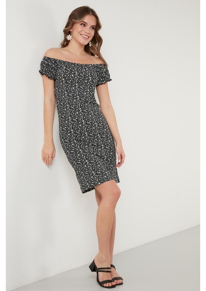 Çiçekli Carmen Yaka Mini Elbise Bayan Elbise 5863700 modelleri