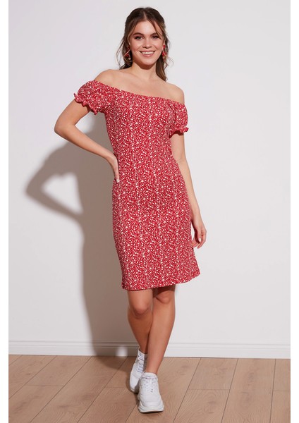 Çiçekli Carmen Yaka Mini Elbise Bayan Elbise 5863700