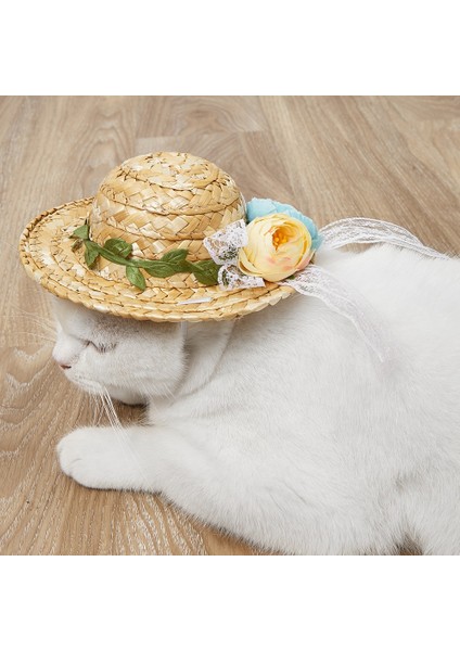 Çiçekli Hasır Kedi Köpek Şapkası (Yurt Dışından)