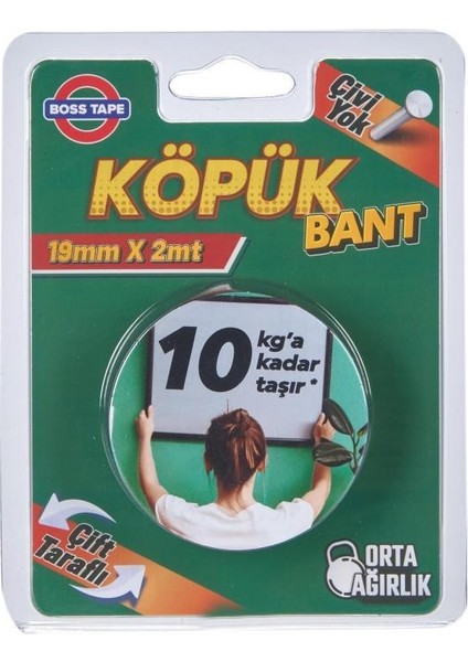 Boss Köpük Bant Montaj Aksesuar Yapıştırma Bandı 19MMX2MT 10KG Taşır fiyatları