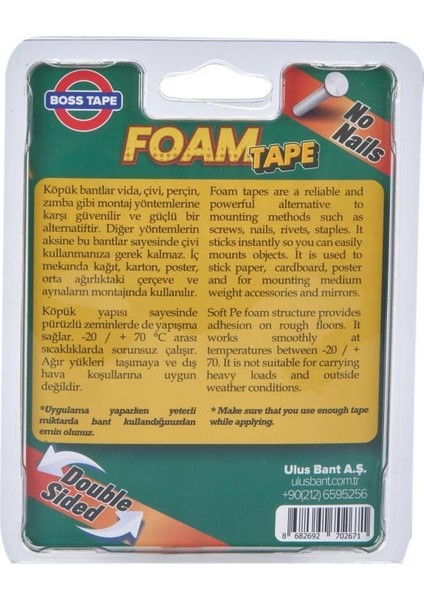Boss Köpük Bant Montaj Aksesuar Yapıştırma Bandı 19MMX2MT 10KG Taşır modelleri