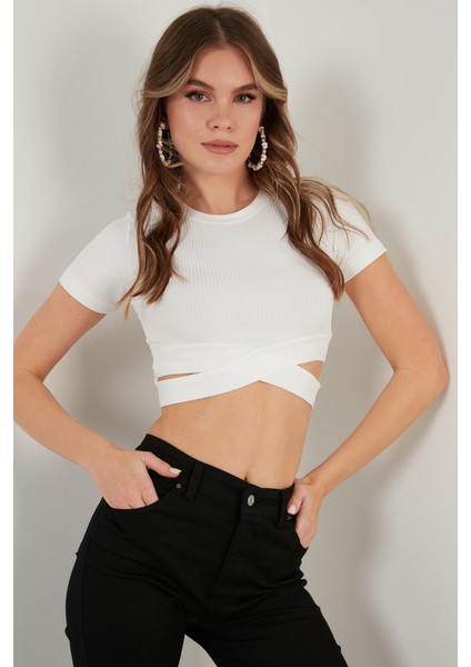 Fitilli Bel Detaylı Kısa Kollu Dar Kesim Crop Bluz Bayan Bluz 5864211 fiyatları