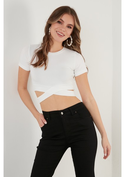 Fitilli Bel Detaylı Kısa Kollu Dar Kesim Crop Bluz Bayan Bluz 5864211 modelleri