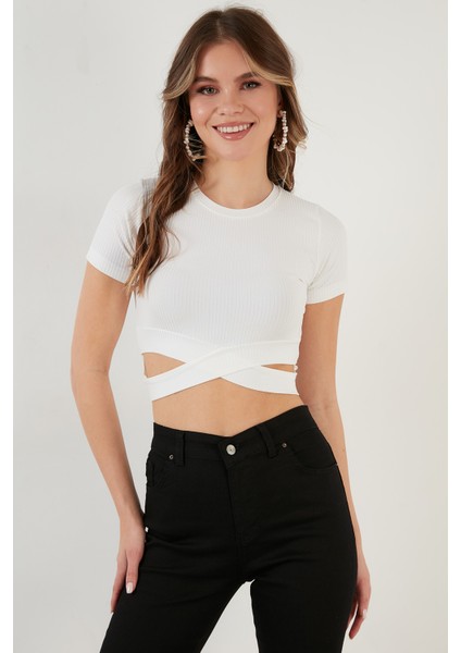 Fitilli Bel Detaylı Kısa Kollu Dar Kesim Crop Bluz Bayan Bluz 5864211 fırsatları