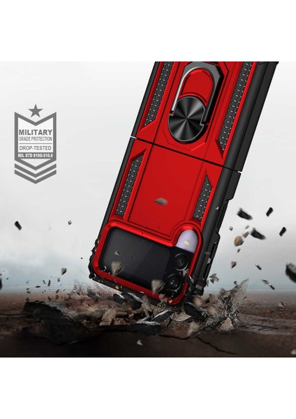 Samsung Galaxy Z Flip 3 ile Uyumlu Kapak Military Yüzüklü Stantlı Panzer Tank ile Uyumlu Kılıf - Kırmızı fırsatları
