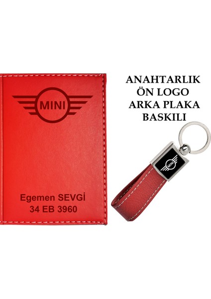 Plakanıza ve Isminize Özel Lazer Baskılı Mını Cooper Logolu Kırmızı Ruhsat Kabı ve Anahtarlık