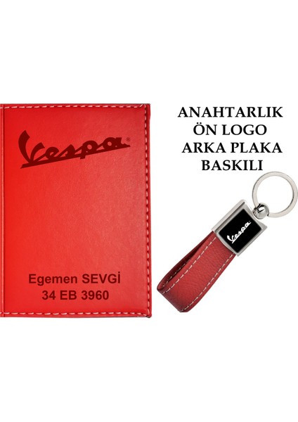 Plakanıza ve Isminize Özel Lazer Baskılı Vespa Logolu Kırmızı Ruhsat Kabı ve Anahtarlık