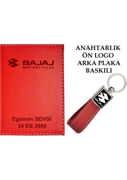 Plakanıza ve Isminize Özel Lazer Baskılı Bajaj Logolu Kırmızı Ruhsat Kabı ve Anahtarlık