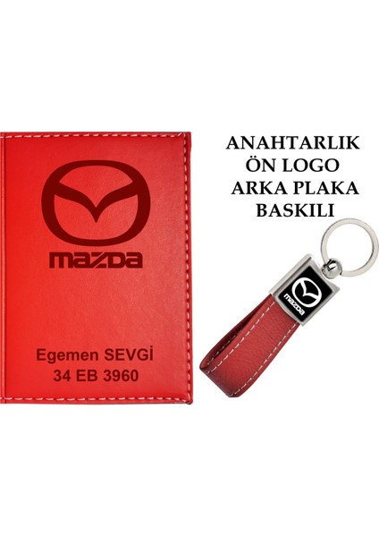 Plakanıza ve Isminize Özel Lazer Baskılı Mazda Logolu Kırmızı Ruhsat Kabı ve Anahtarlık