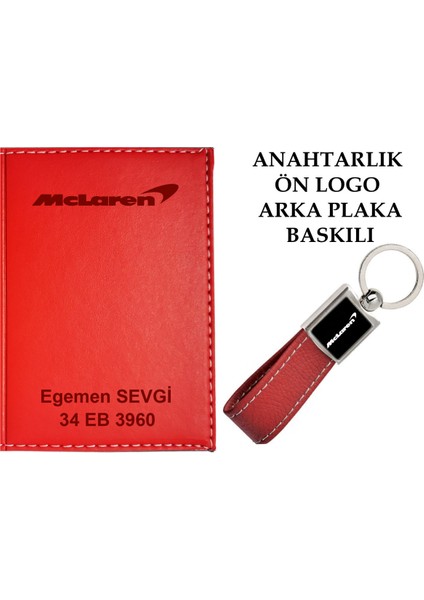 Plakanıza ve Isminize Özel Lazer Baskılı Mclaren Logolu Kırmızı Ruhsat Kabı ve Anahtarlık