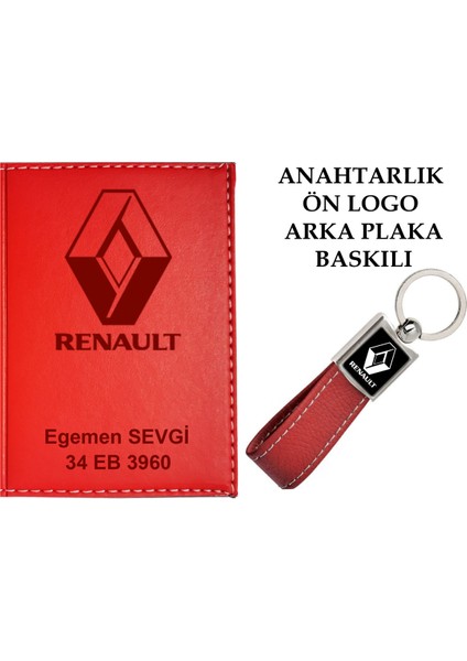 Plakanıza ve Isminize Özel Lazer Baskılı Renault Logolu Kırmızı Ruhsat Kabı ve Anahtarlık