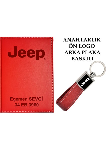 Plakanıza ve Isminize Özel Lazer Baskılı Jeep Logolu Kırmızı Ruhsat Kabı ve Anahtarlık