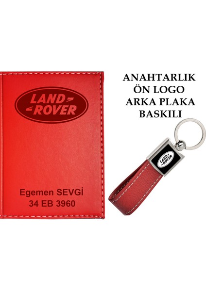 Plakanıza ve Isminize Özel Lazer Baskılı Landrover Logolu Kırmızı Ruhsat Kabı ve Anahtarlık