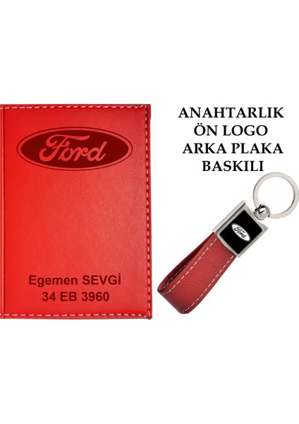 Plakanıza ve Isminize Özel Lazer Baskılı Ford Logolu Kırmızı Ruhsat Kabı ve Anahtarlık