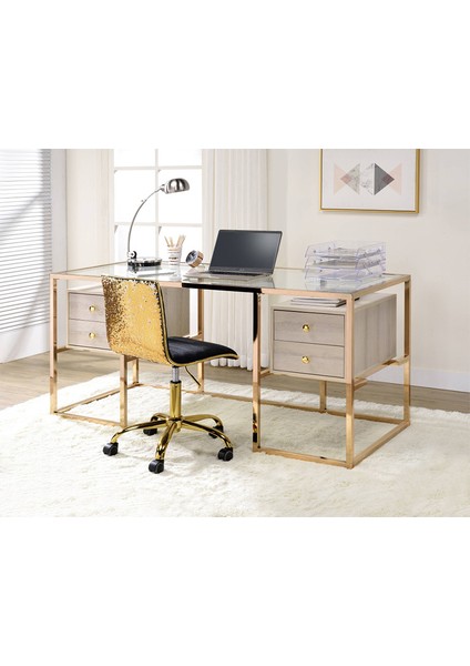 Trinity Gold Metal & Ahşap & Cam Çalışma Masası