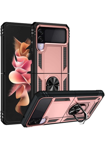 Samsung Galaxy Z Flip 3 Uyumlu Kılıf Çift Katmanlı Yüzüklü Manyetik Vega Kapak Rose Gold