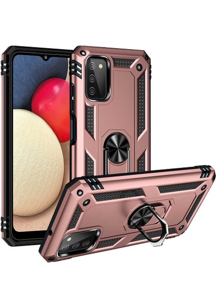 Samsung Galaxy A03s Uyumlu Kılıf Çift Katmanlı Yüzüklü Manyetik Vega Kapak Rose Gold