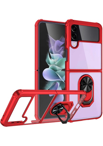 Samsung Galaxy Z Flip 3 Uyumlu Kılıf Armor Serisi Manyetik Yüzüklü Renkli Köşe Korumalı Şeffaf Silikon Mola Kırmızı
