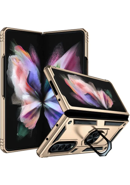 Case 4U Samsung Galaxy Z Fold 3 Uyumlu Kılıf Çift Katmanlı Yüzüklü Manyetik Vega Kapak Altın