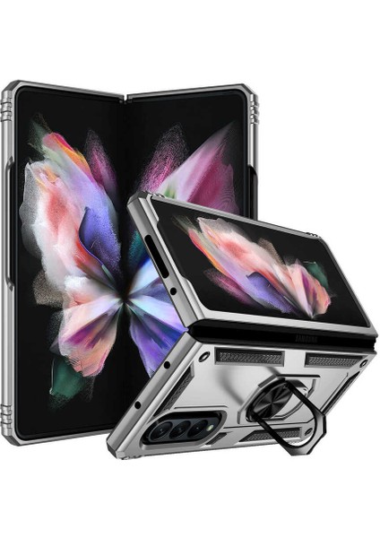 Case 4U Samsung Galaxy Z Fold 3 Uyumlu Kılıf Çift Katmanlı Yüzüklü Manyetik Vega Kapak Gri