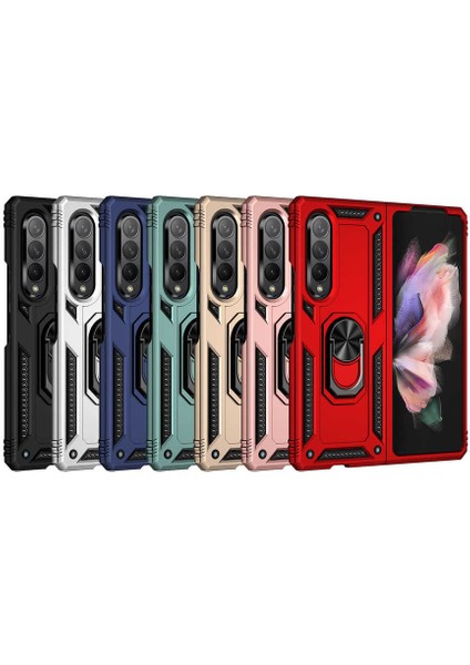 Case 4U Samsung Galaxy Z Fold 3 Uyumlu Kılıf Çift Katmanlı Yüzüklü Manyetik Vega Kapak Gri