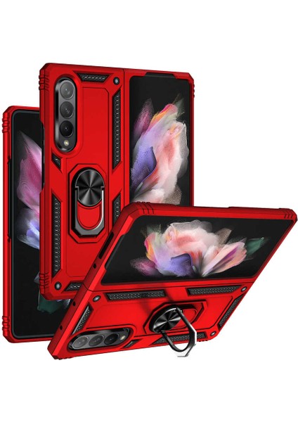 Case 4U Samsung Galaxy Z Fold 3 Uyumlu Kılıf Çift Katmanlı Yüzüklü Manyetik Vega Kapak Gri