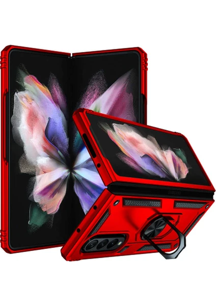 Case 4U Samsung Galaxy Z Fold 3 Uyumlu Kılıf Çift Katmanlı Yüzüklü Manyetik Vega Kapak Kırmızı