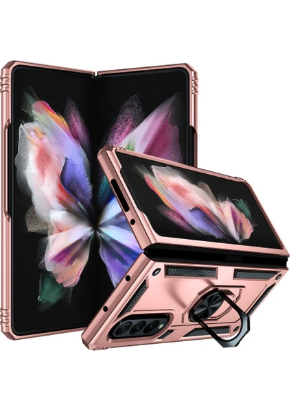 Case 4U Samsung Galaxy Z Fold 3 Uyumlu Kılıf Çift Katmanlı Yüzüklü Manyetik Vega Kapak Rose Gold