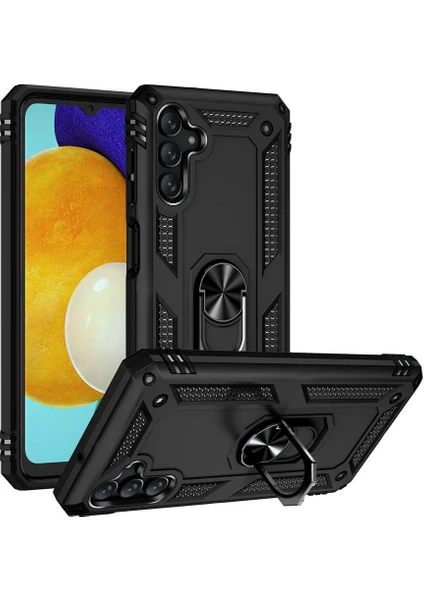 Case 4U Samsung Galaxy A13 Uyumlu Kılıf Çift Katmanlı Yüzüklü Manyetik Vega Kapak Siyah