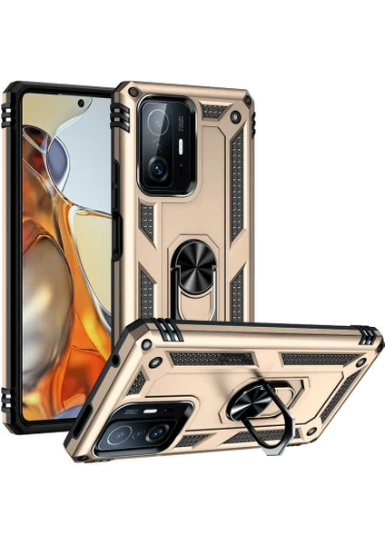 Case 4U Xiaomi Mi 11T 5g Kılıf Çift Katmanlı Yüzüklü Manyetik Vega Kapak Altın