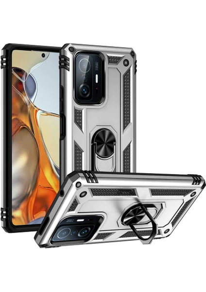 Case 4U Xiaomi Mi 11T 5g Kılıf Çift Katmanlı Yüzüklü Manyetik Vega Kapak Gri